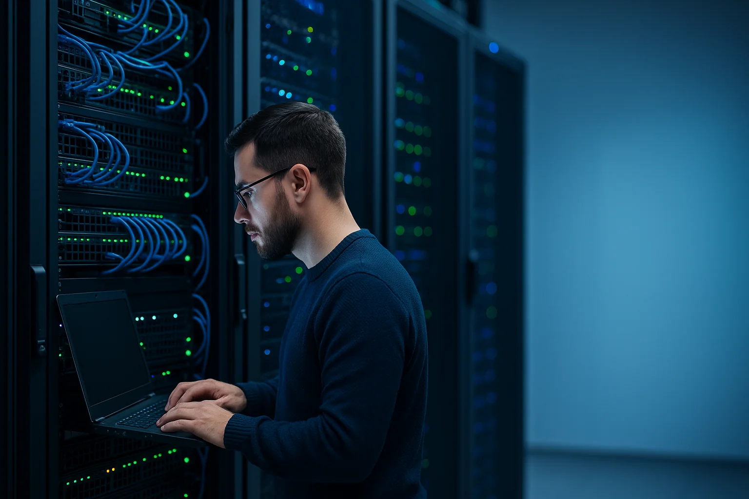 IT professional configuring network server equipment in data center