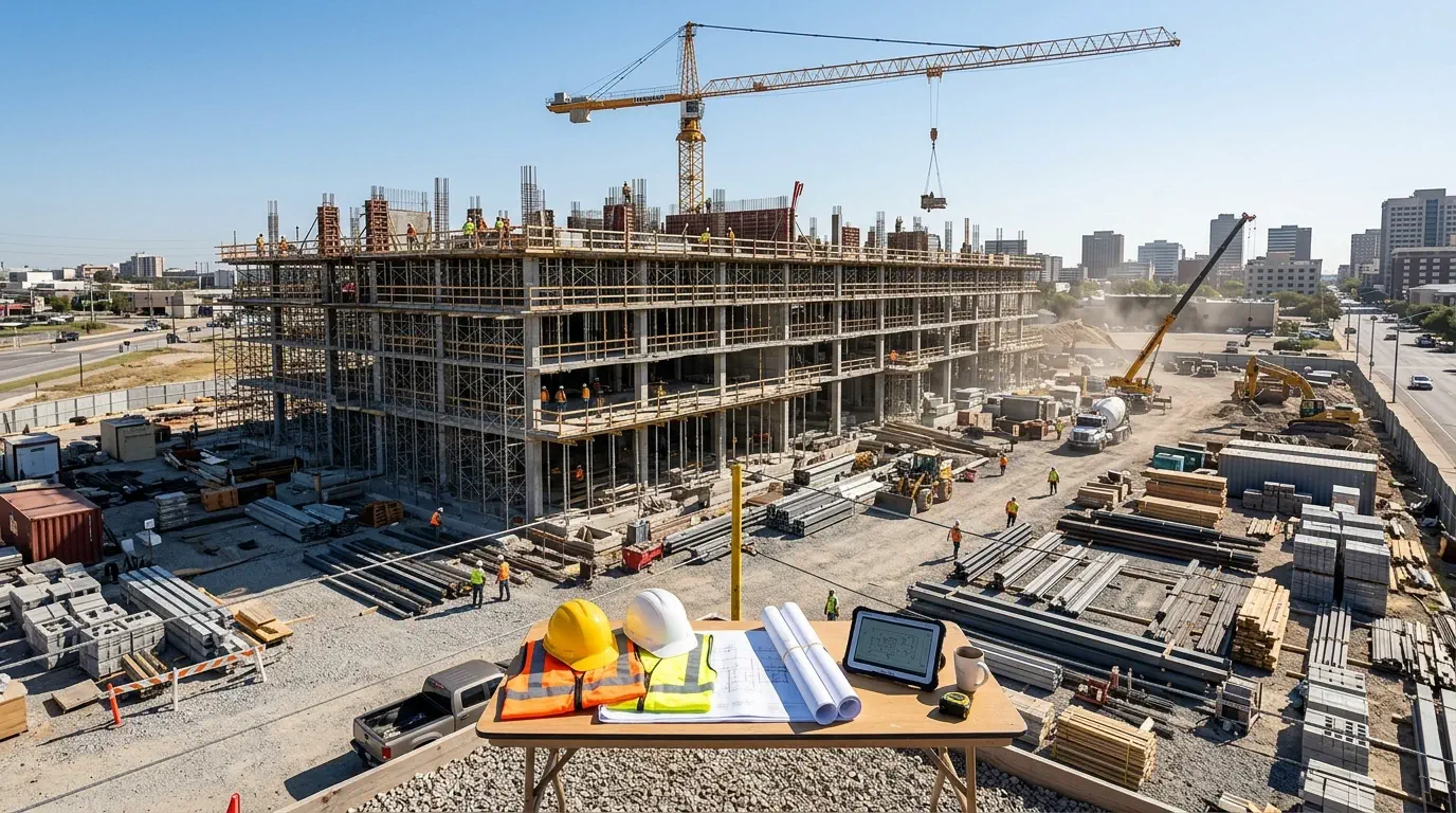 Wide-angle photograph of an active commercial construction site with building frame, scaffolding, and a tower crane overhead
