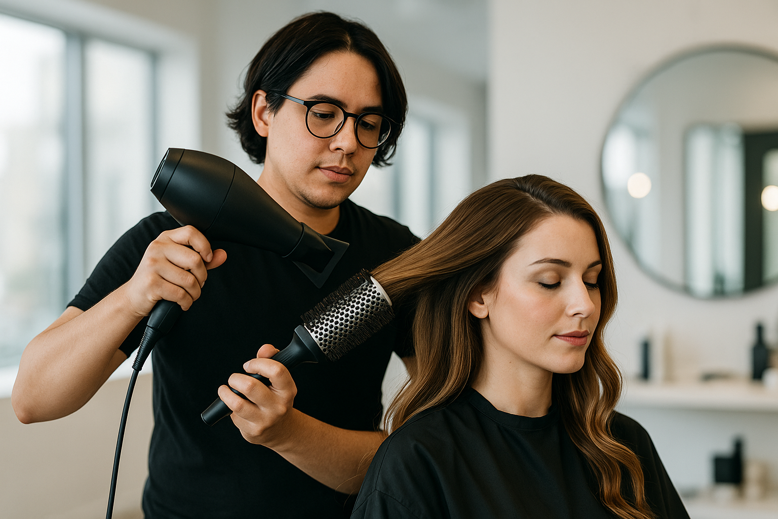 Professional cosmetologist styling client's hair in modern salon