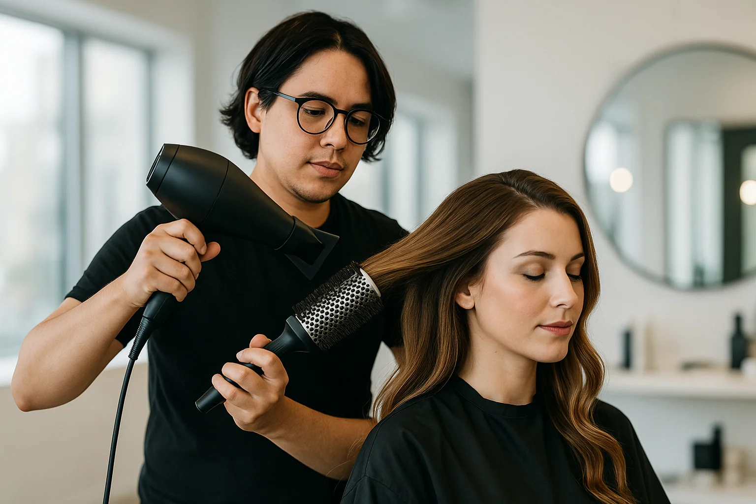 Cosmetologist styling a client's hair in a modern salon