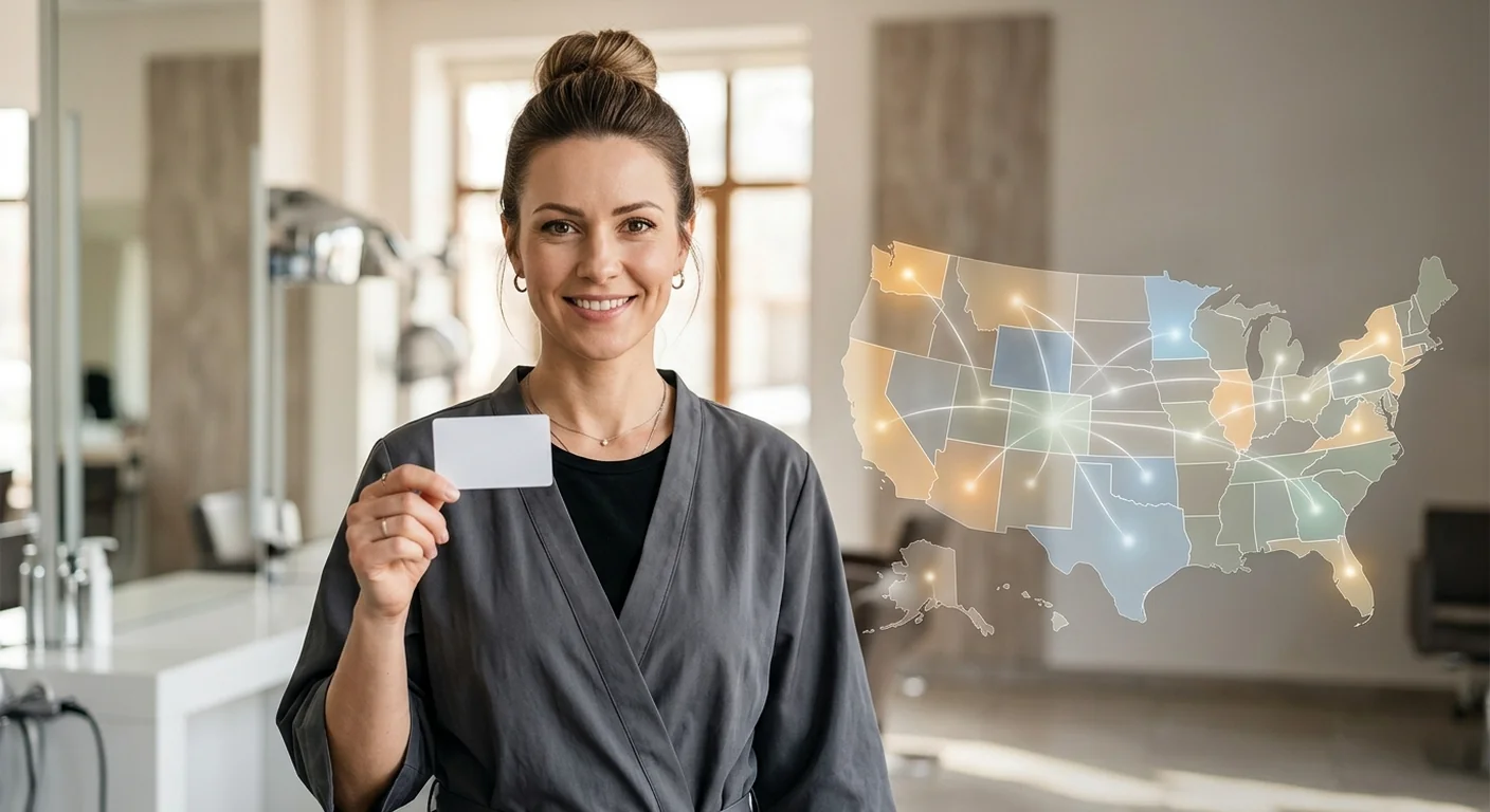 Licensed cosmetologist holding a state license card next to a U.S. map with multiple states highlighted, illustrating interstate license transfer