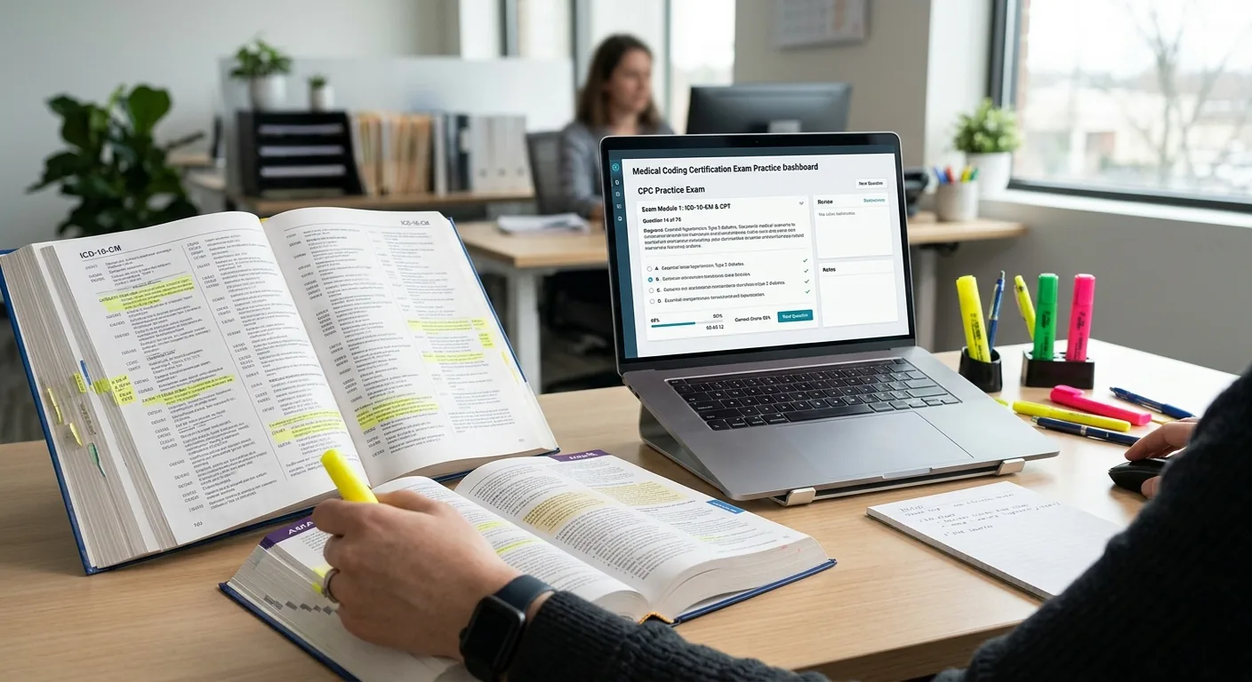 Close-up of a medical coder's desk with an ICD-10 codebook, CPT reference, and a laptop displaying an exam prep dashboard