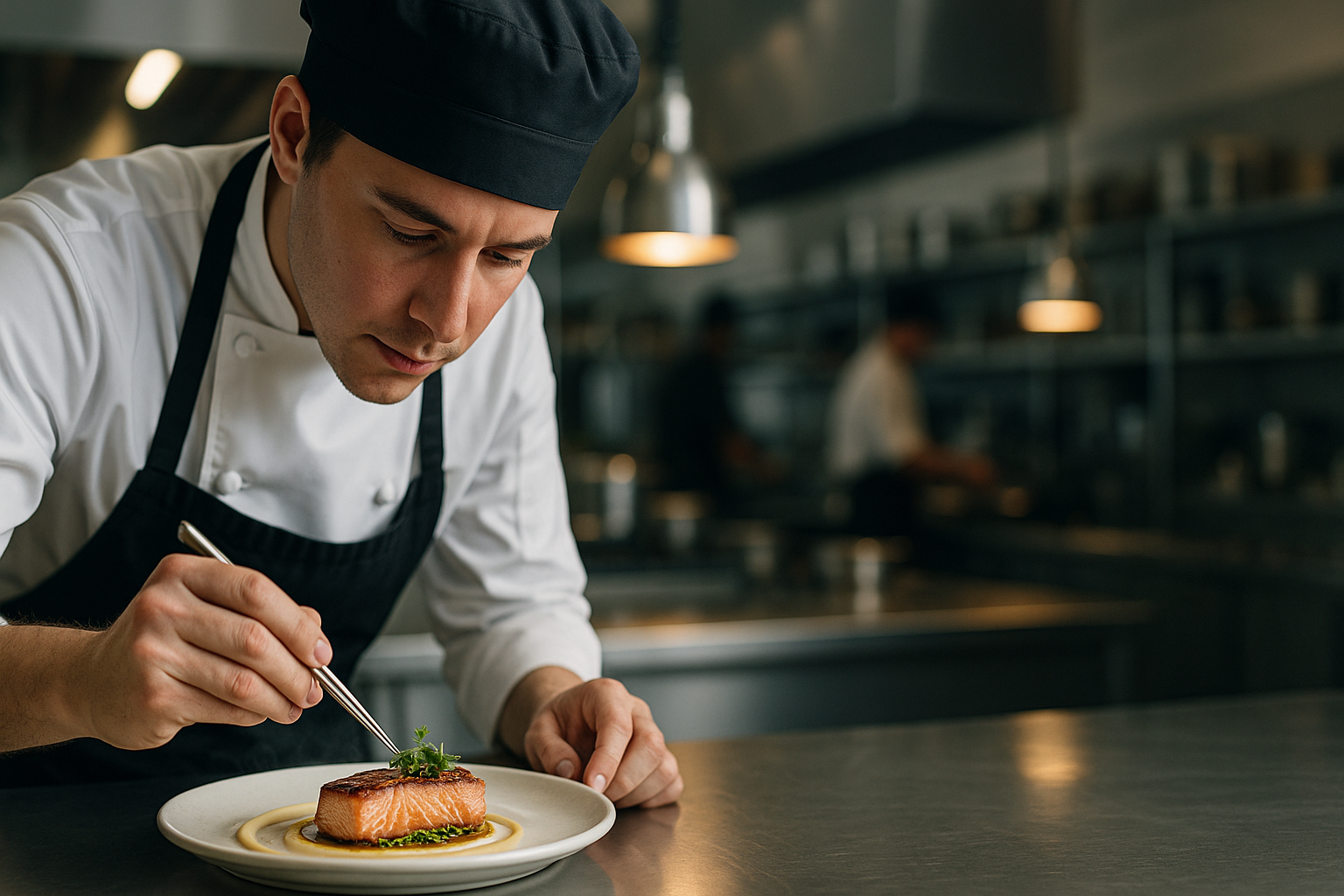 Professional chef plating gourmet dish in commercial kitchen