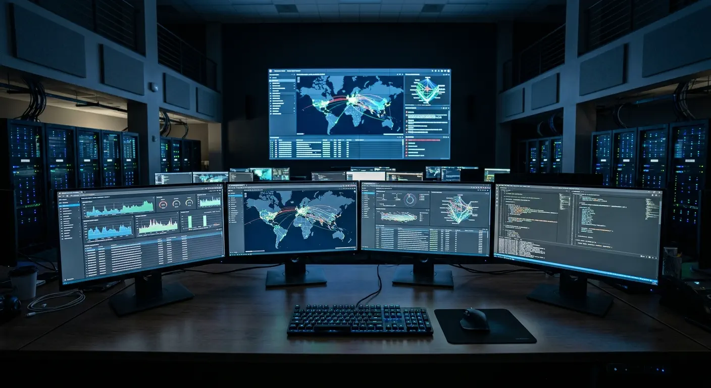Wide-angle photograph of a modern Cybersecurity Operations Center (SOC) workstation with a multi-monitor setup displaying security dashboards and global threat intelligence