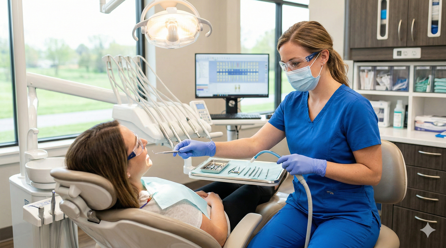 Dental assistant working chairside with patient in dental office