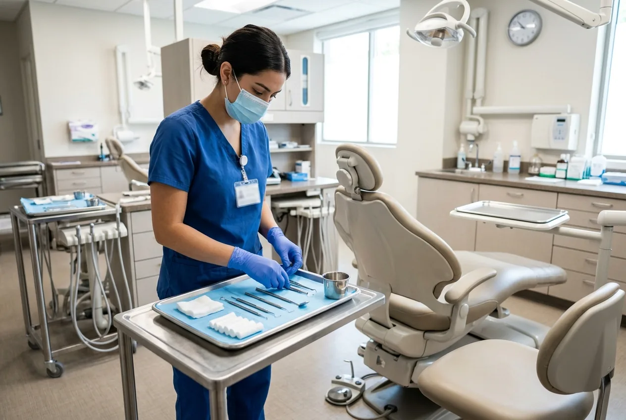 Dental assistant preparing a sterilized instrument tray beside the operatory chair before a procedure