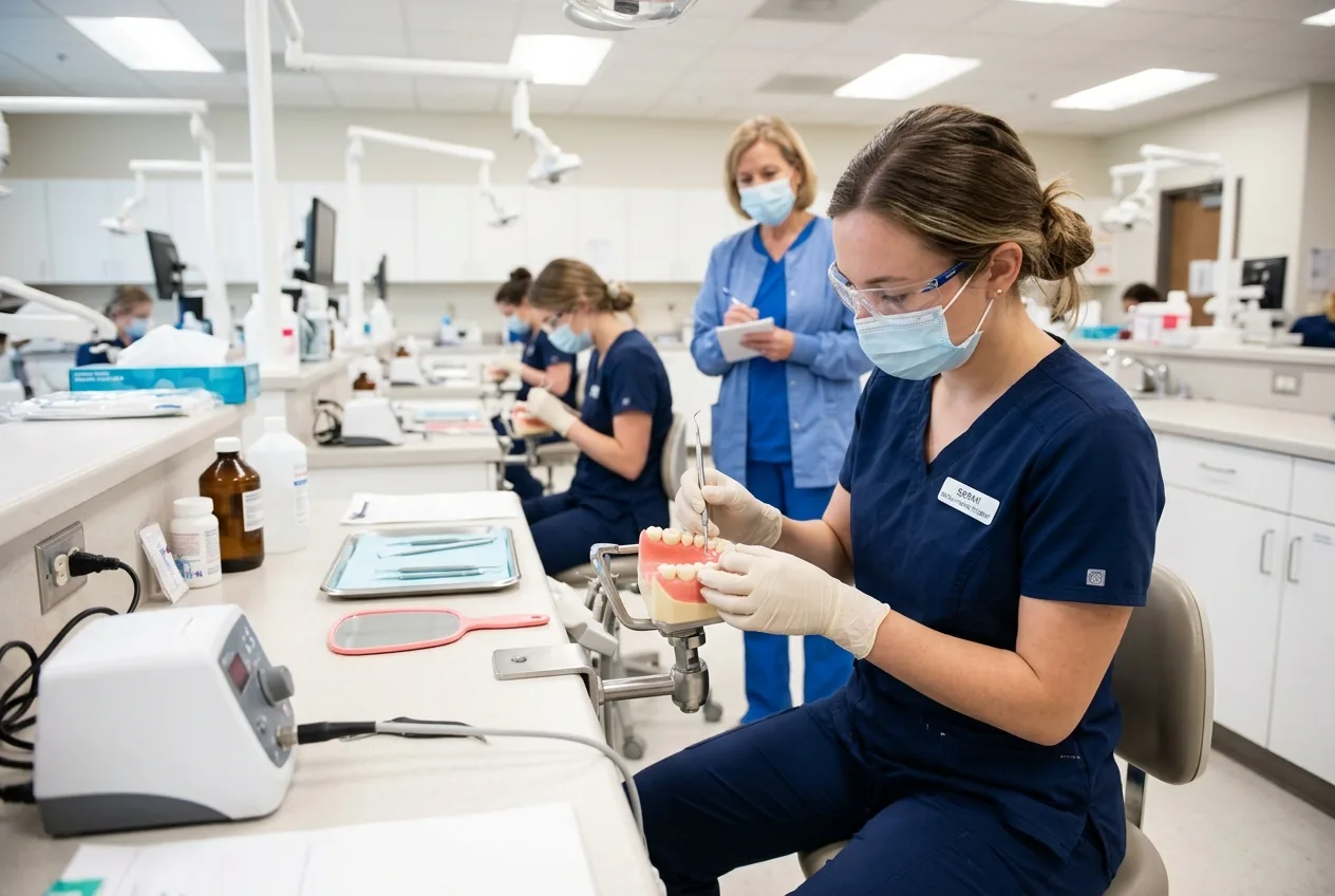 Dental hygiene student practicing instrumentation on a typodont in a college clinic lab under instructor supervision