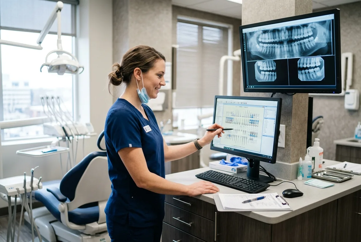 Dental hygienist reviewing a patient chart and dental X-rays on a monitor in a modern dental office