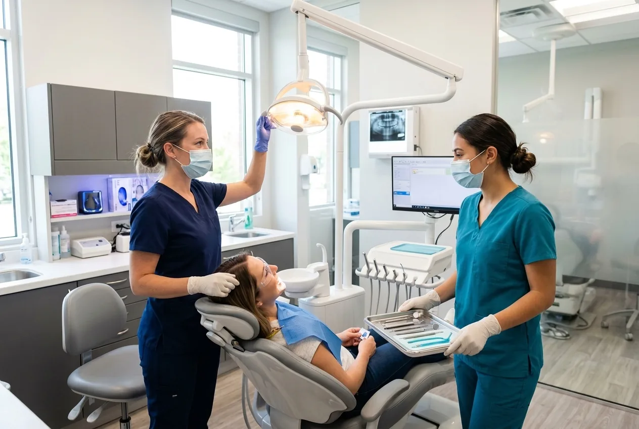 Dental hygienist and dental assistant working together chairside with a patient in a dental practice