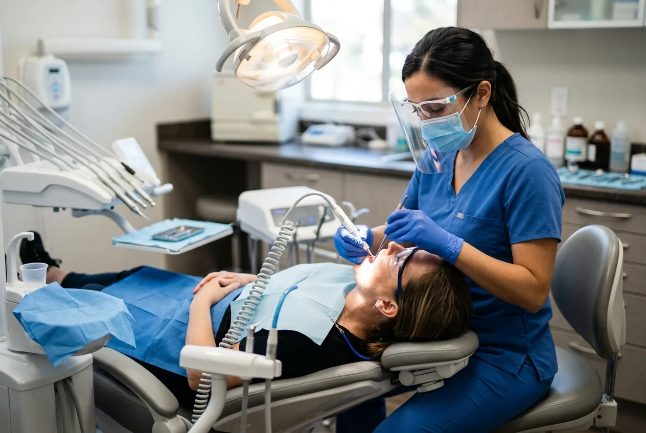Dental hygienist performing an ultrasonic scaling procedure on a patient in a private practice operatory