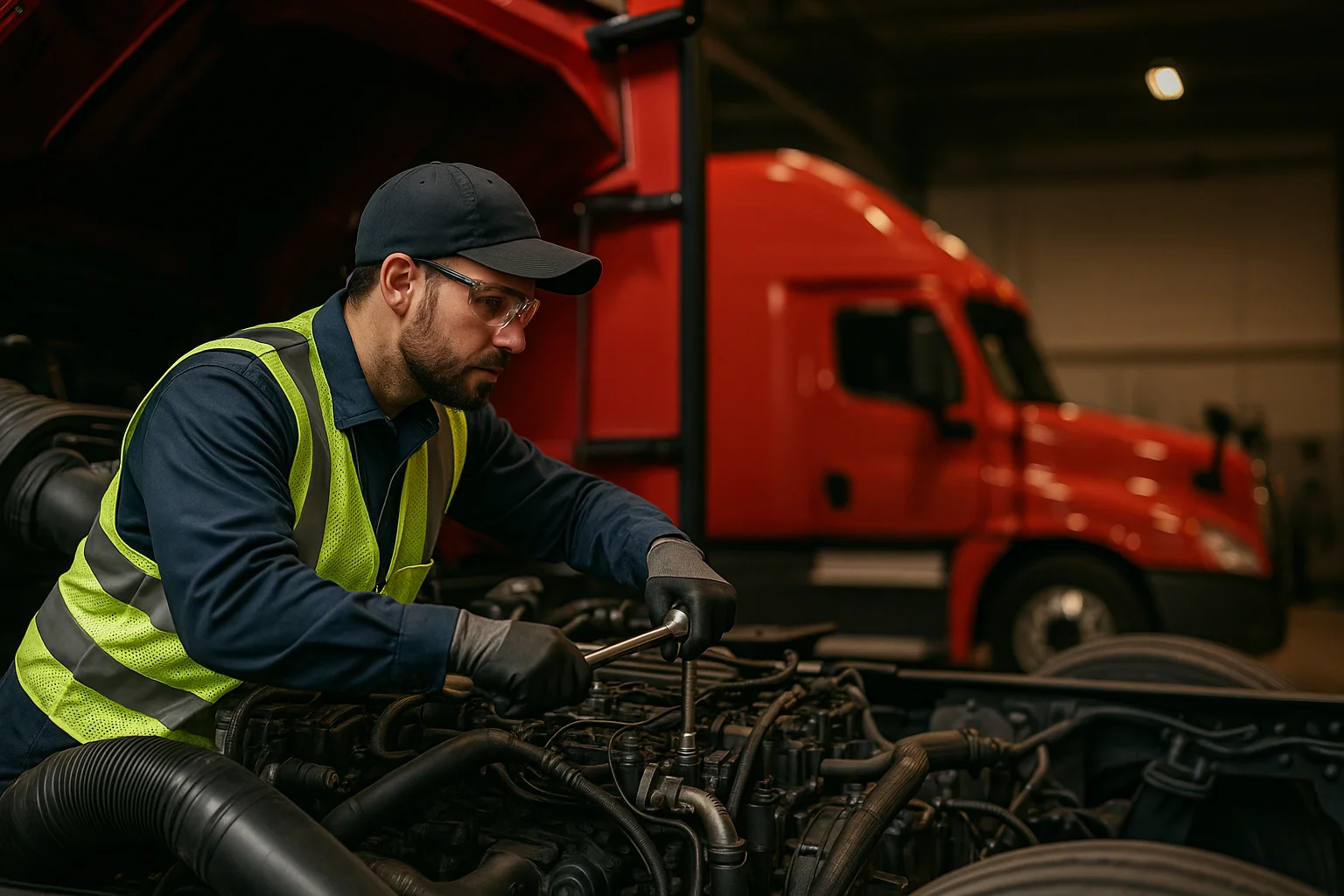 Diesel mechanic working on heavy truck engine