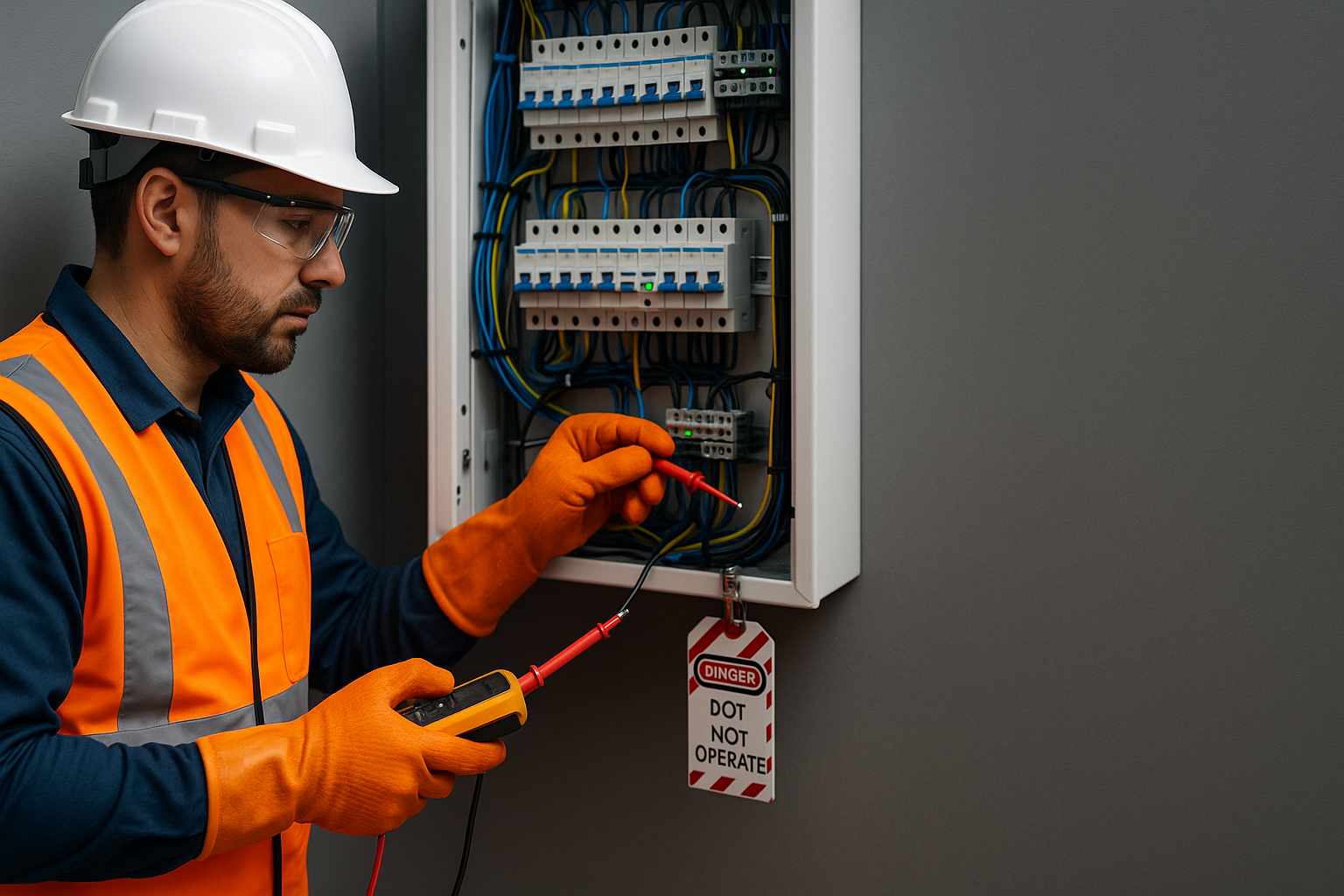 Electrician working on electrical panel with tools