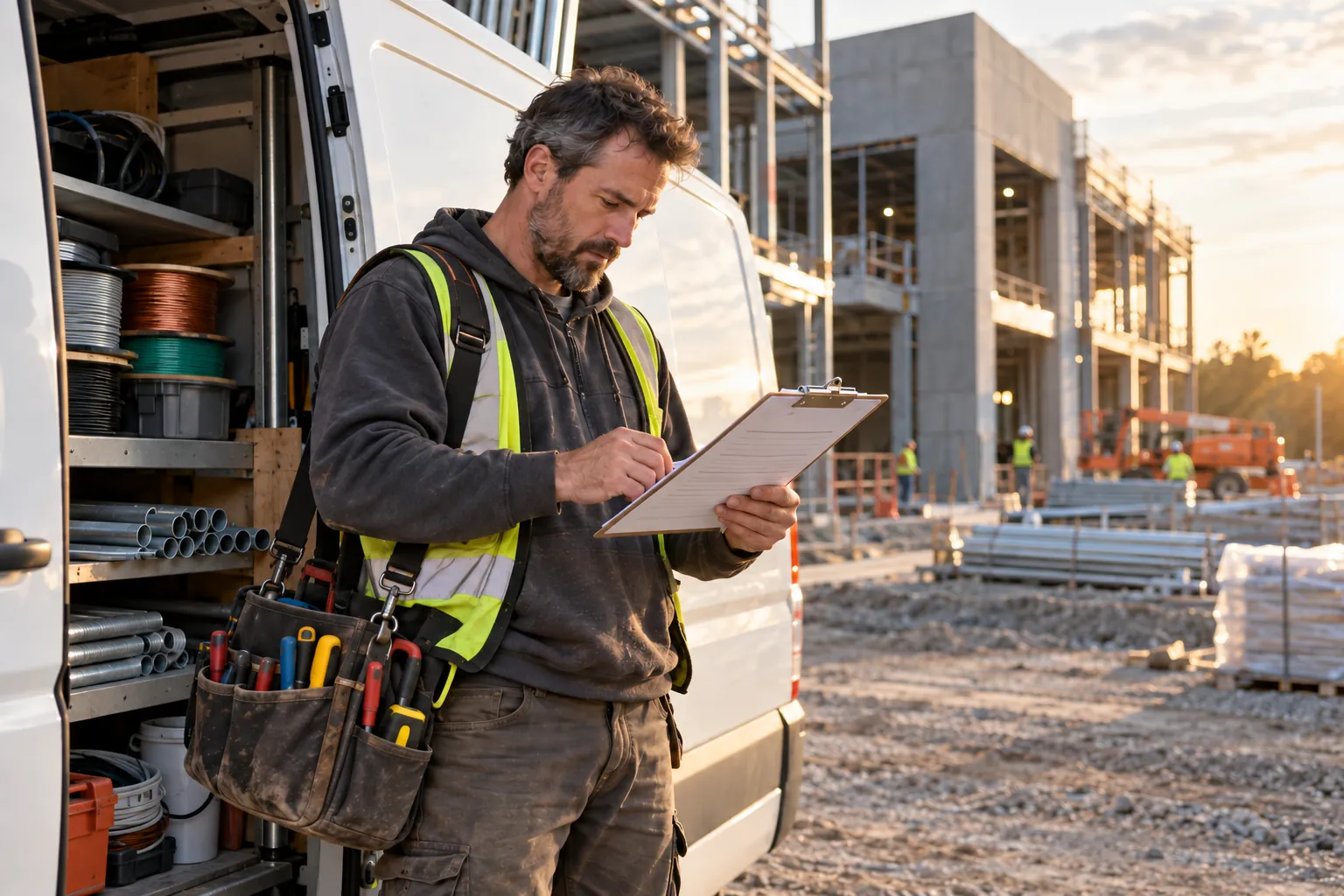 An electrician in a hi-vis vest reviewing paperwork on a clipboard beside a work van loaded with conduit at a commercial construction site