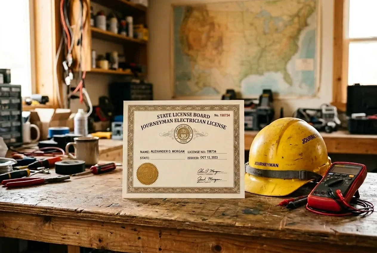 An electrician's journeyman license certificate over a United States map with hard hat and multimeter, illustrating state-by-state electrician licensing