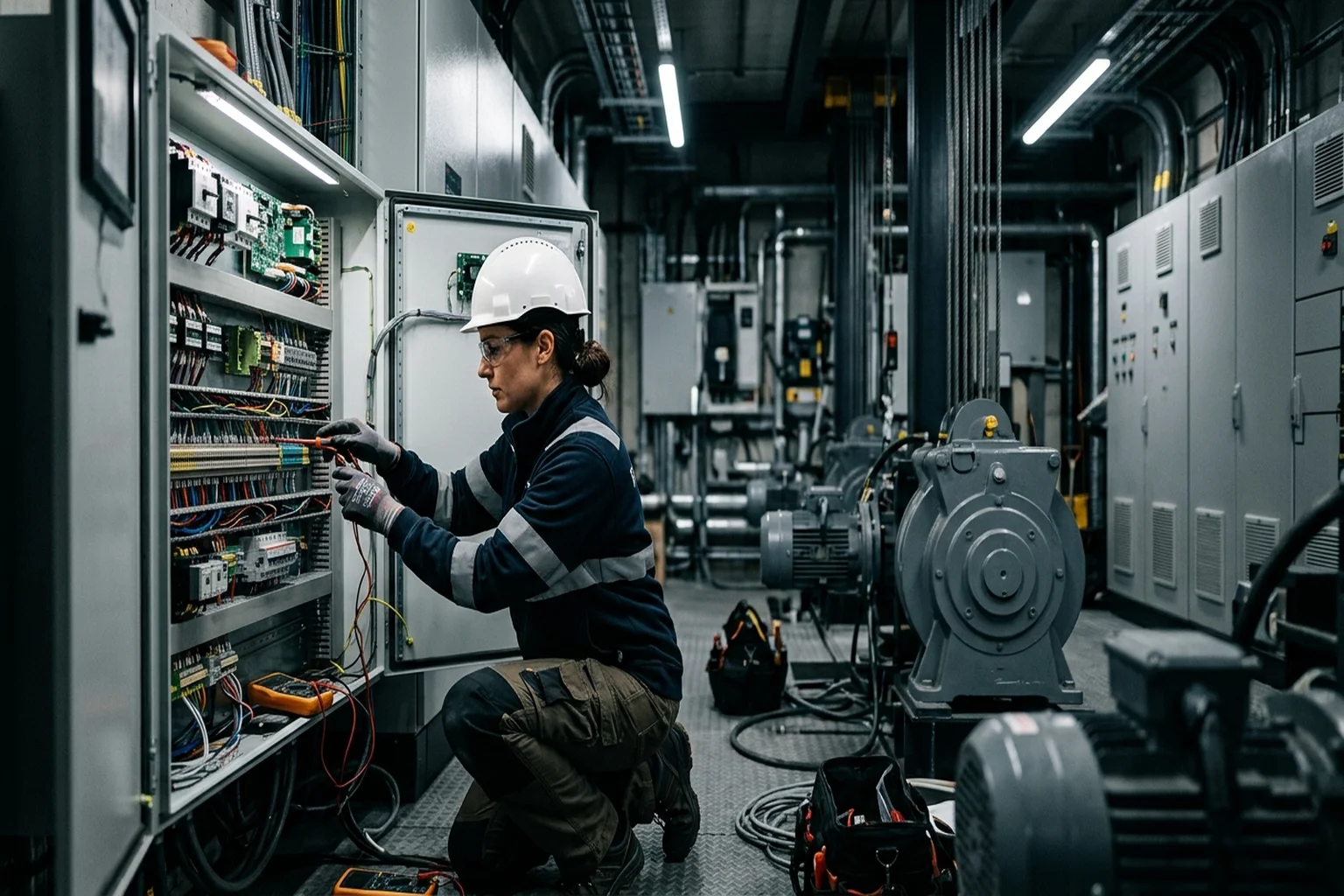 Elevator mechanic working inside a machine room with control panels and electrical equipment