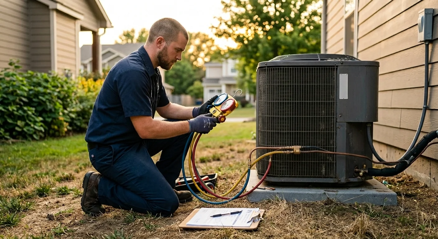 HVAC technician holding refrigerant recovery hoses next to a labeled split-system condenser, with a Section 608 certification card and a manometer in the foreground