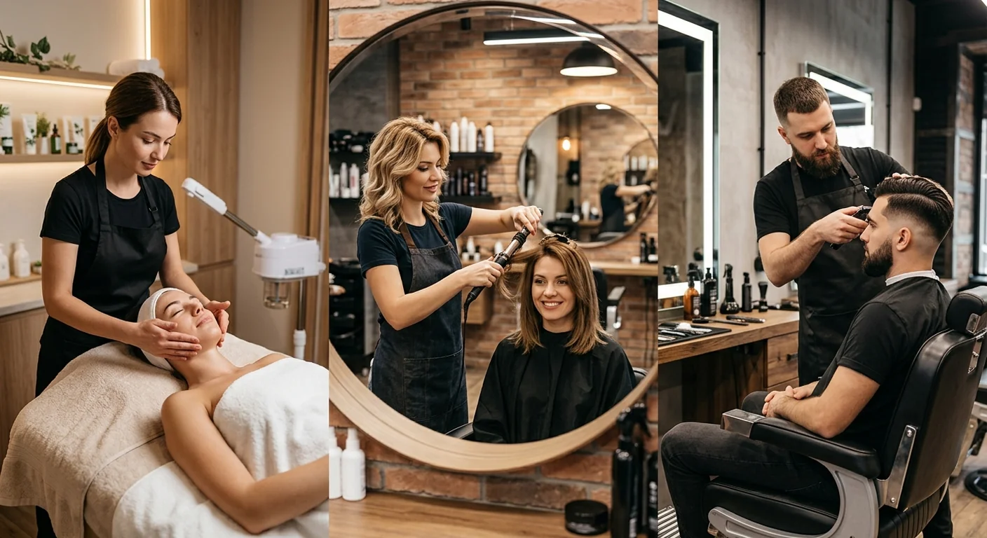 Three side-by-side workstations showing an esthetician giving a facial, a cosmetologist styling hair, and a barber giving a fade haircut, illustrating three beauty career paths