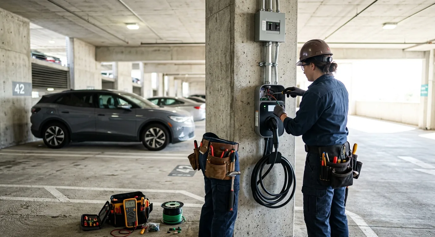 Journeyman electrician installing a wall-mounted Level 2 EV charger at a commercial parking site, with conduit and a service panel visible behind