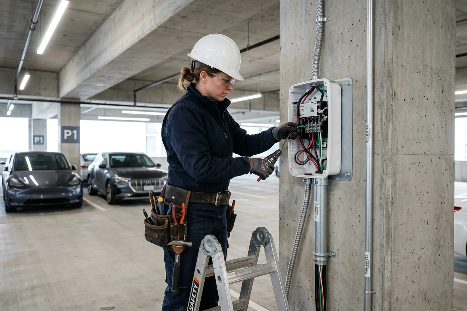 Electrician installing a commercial DC fast charging station at a public charging site