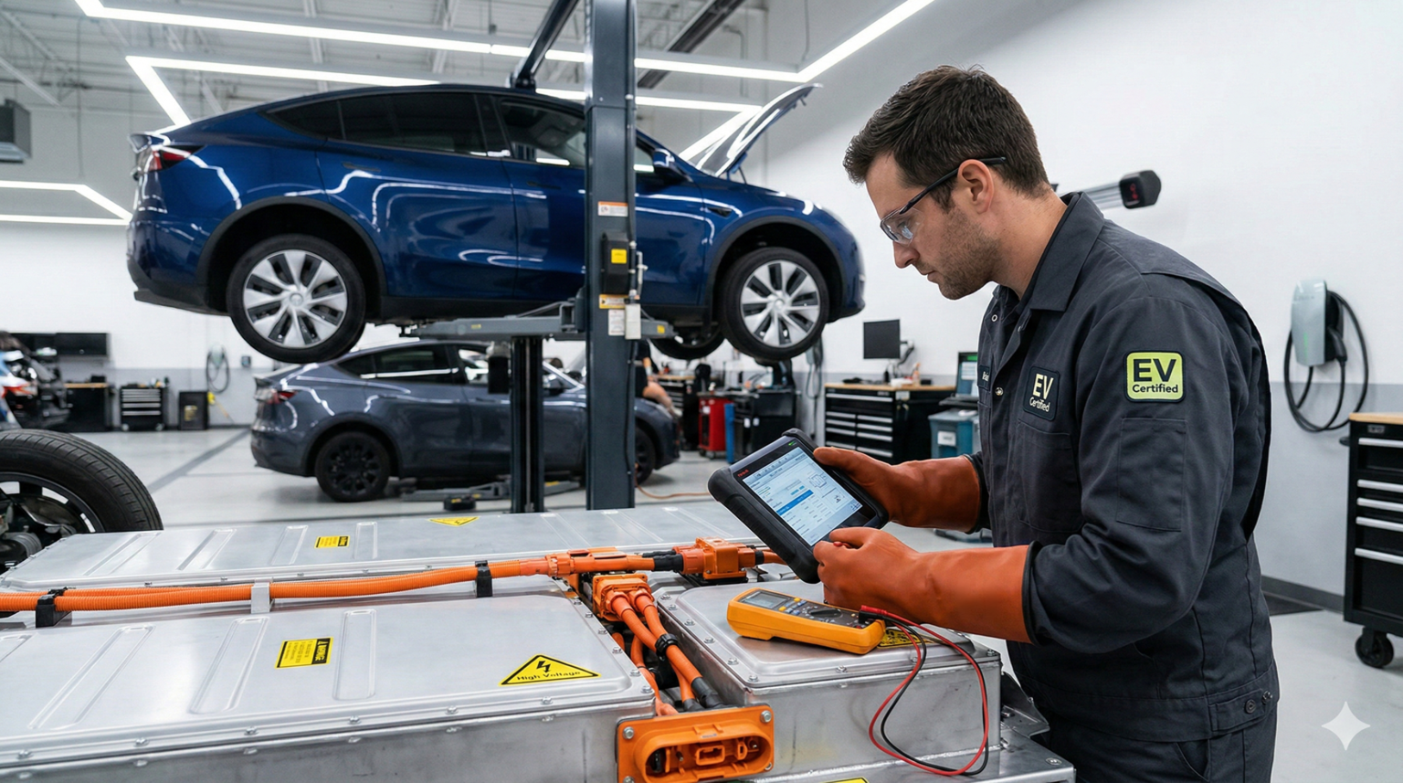 EV technician inspecting a high-voltage battery system in an electric vehicle