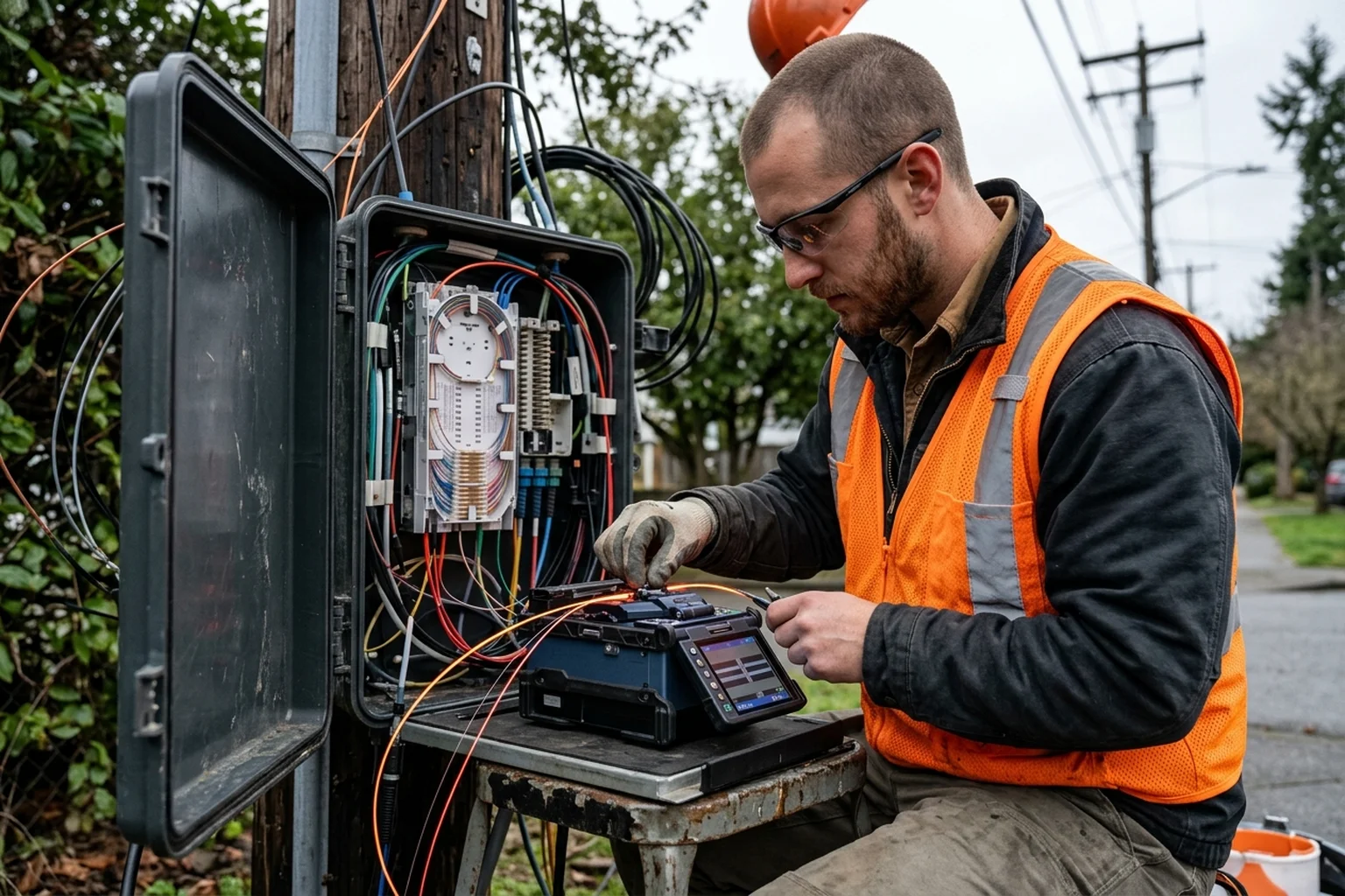 Fiber optic technician splicing cable in an outdoor enclosure