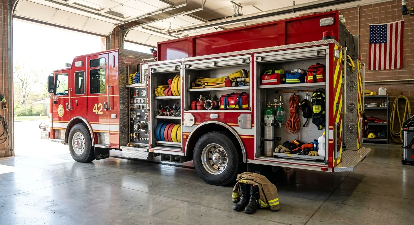 Professional photograph of a red fire engine at a station with open compartment doors revealing organized rescue equipment and firefighting gear