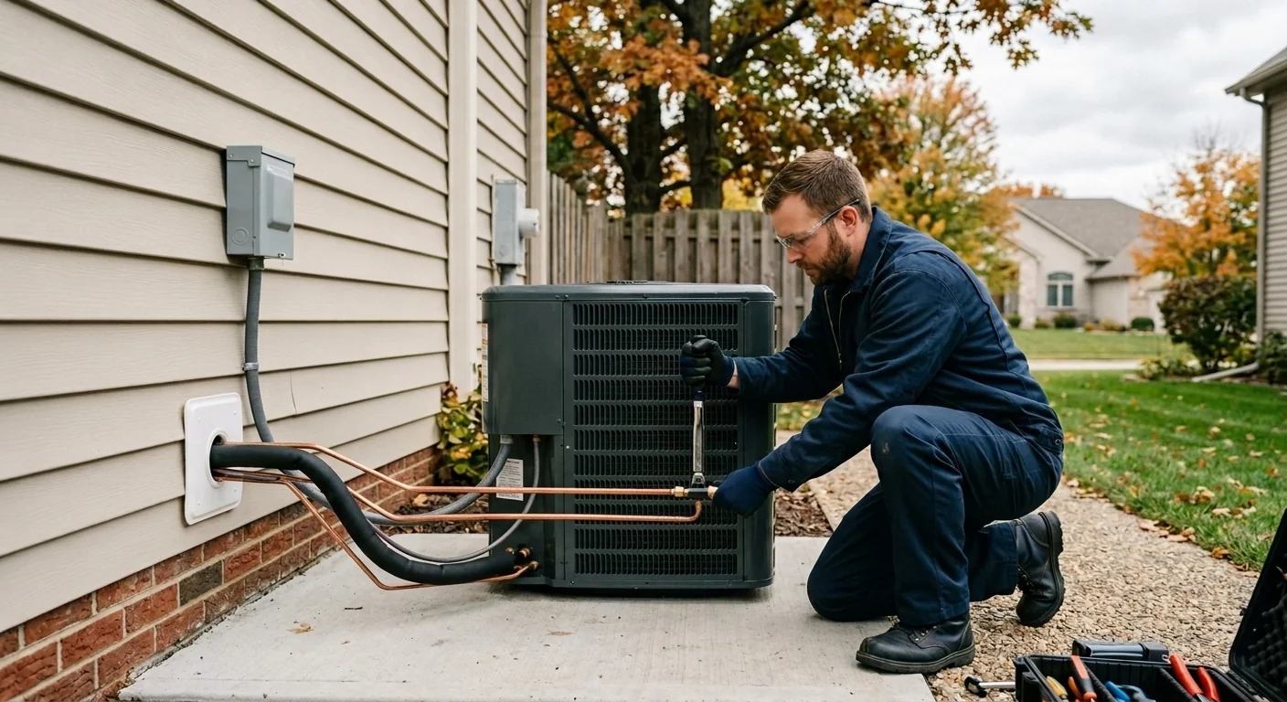 HVAC technician installing an outdoor air-source heat pump condenser on a brick patio next to a residential home, with copper line set and electrical disconnect visible