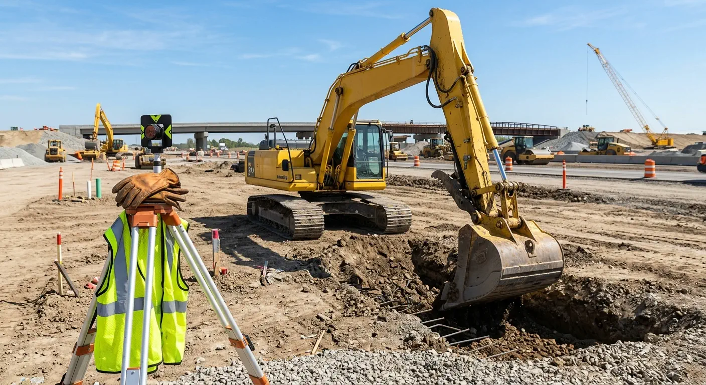 Wide-angle photograph of a large yellow excavator at an active infrastructure construction site under a clear blue sky