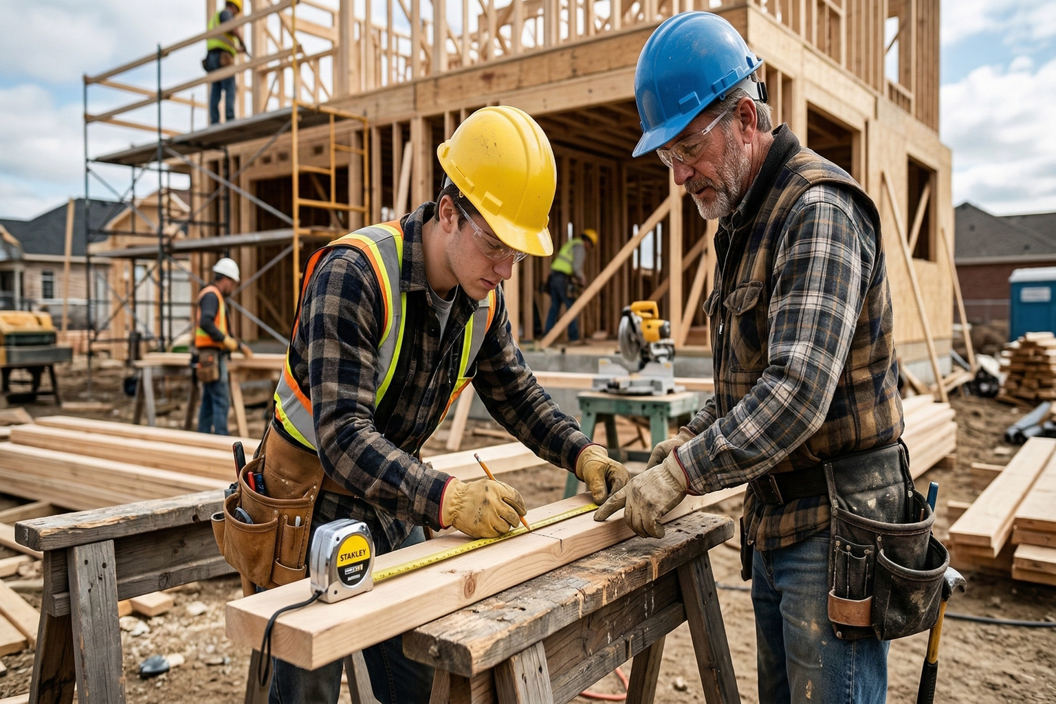 Carpentry apprentice measuring and cutting lumber on a construction site under the guidance of a journeyman carpenter