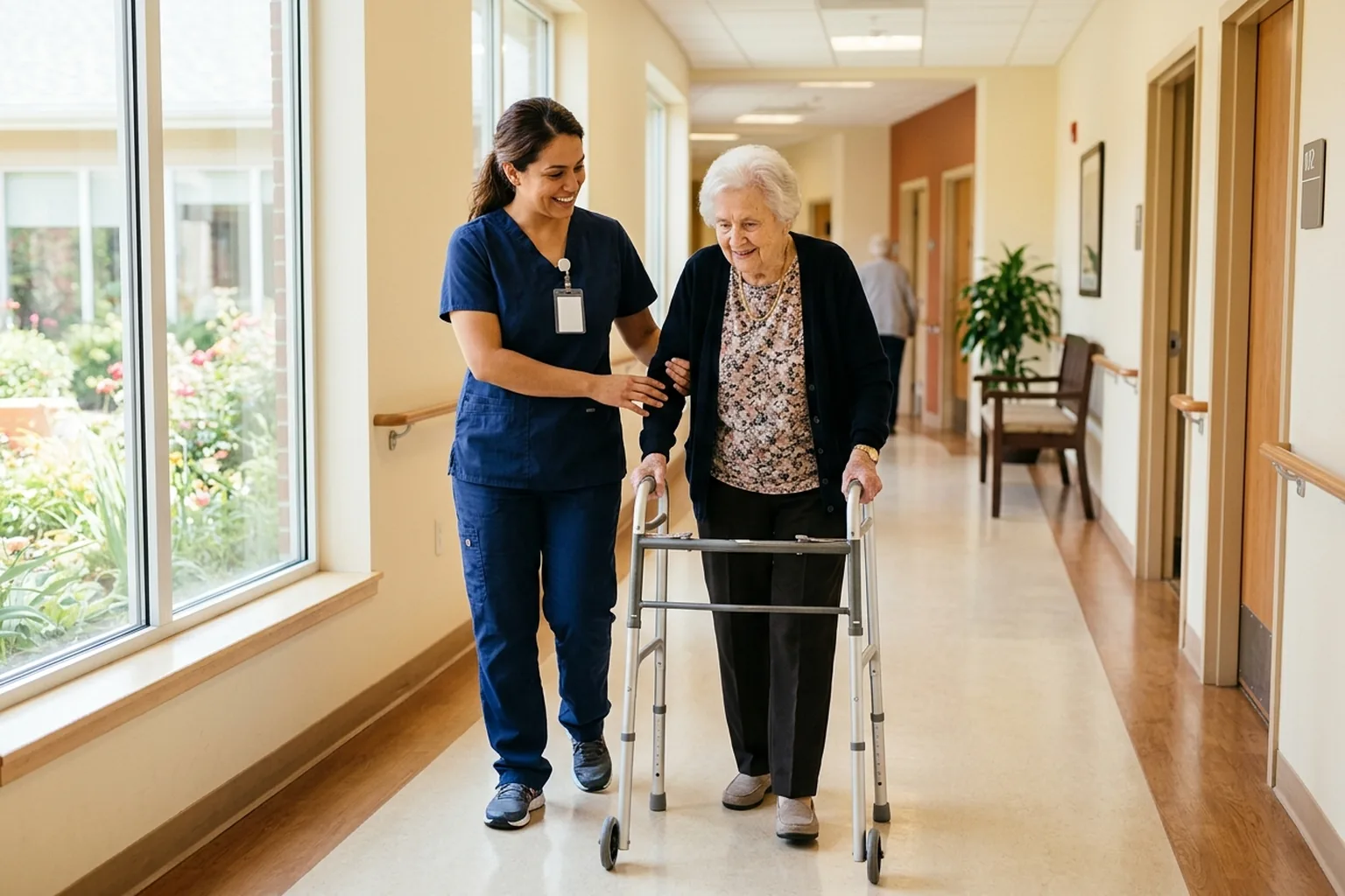 Certified nursing assistant helping an elderly resident in a long-term care facility