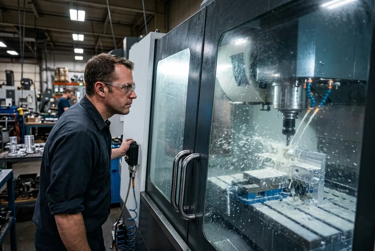 CNC machinist monitoring a machining center through the safety glass as coolant sprays over an aluminum workpiece