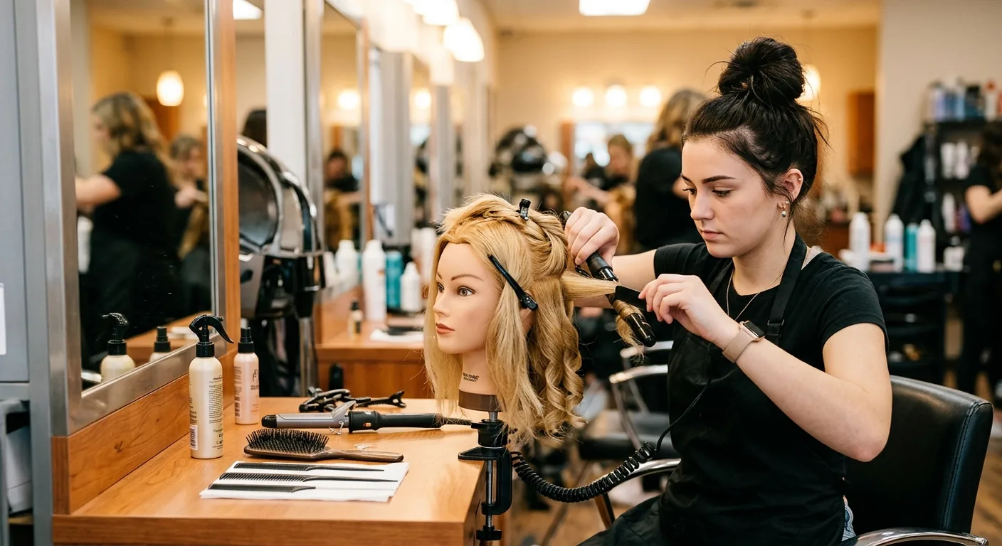 Cosmetology student practicing hair styling on a mannequin at a beauty school workstation with curling iron and combs