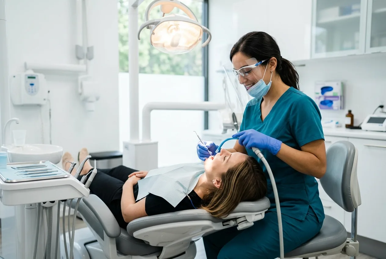 Dental hygienist in scrubs performing a routine cleaning on a patient in a modern dental operatory