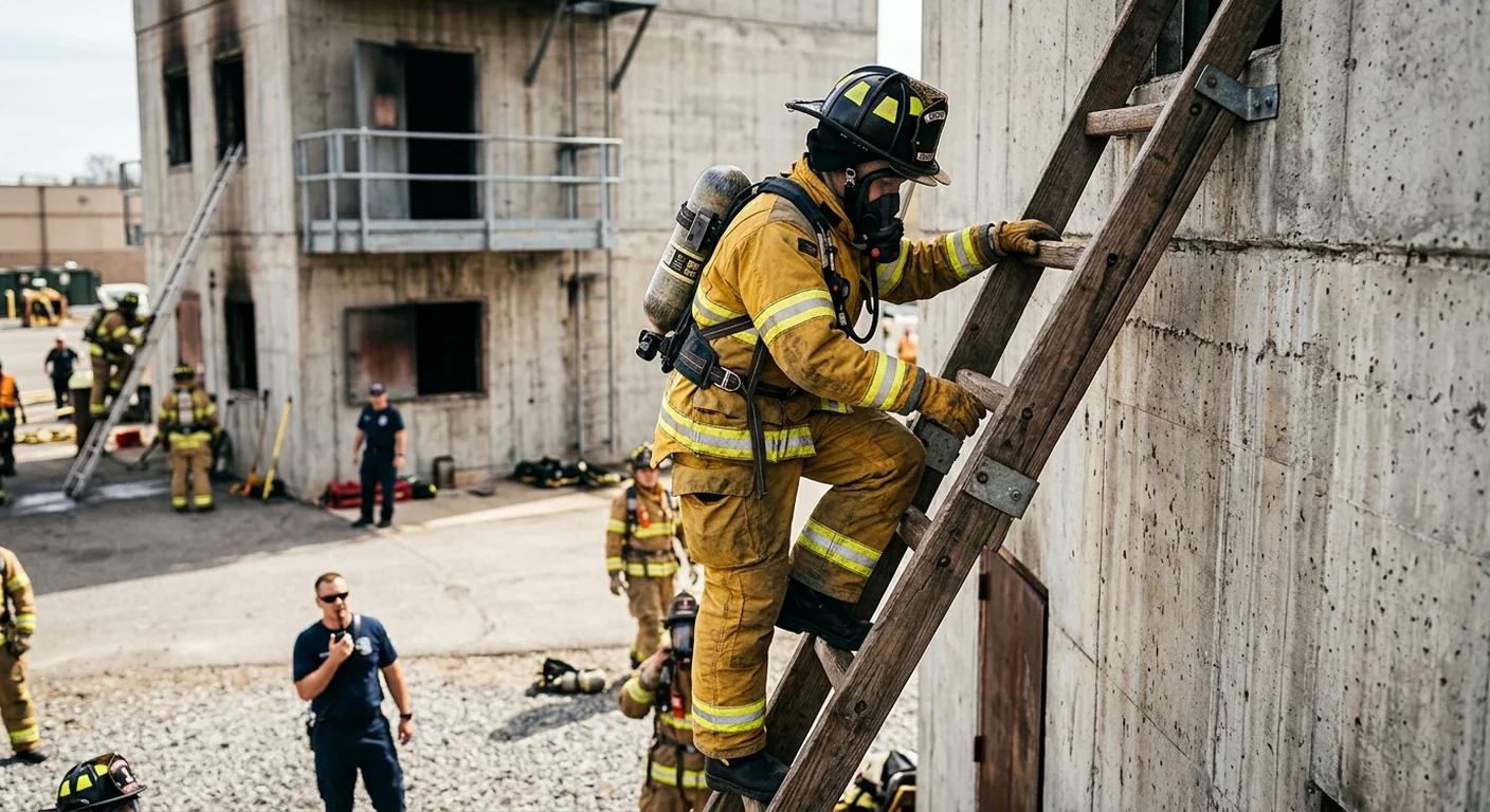 Fire recruit in full turnout gear climbing a ladder during training at a fire academy drill ground