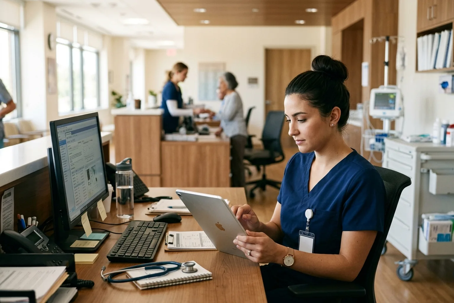 Medical assistant reviewing a chart at a clinic workstation