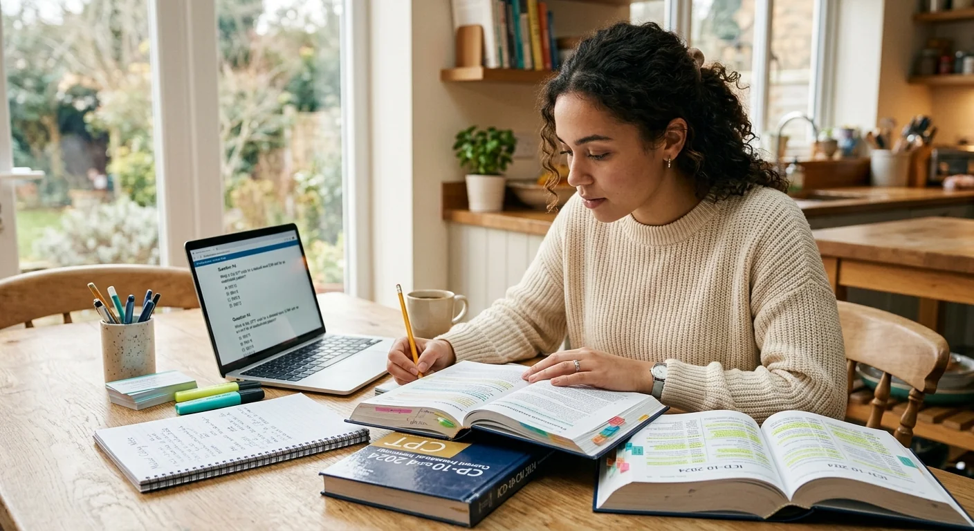 Student studying medical coding textbooks and a CPT code manual at a desk with a laptop displaying practice exam questions