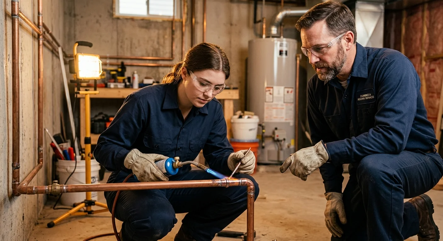 Plumbing apprentice soldering copper pipe under the supervision of a journeyman plumber on a residential job site