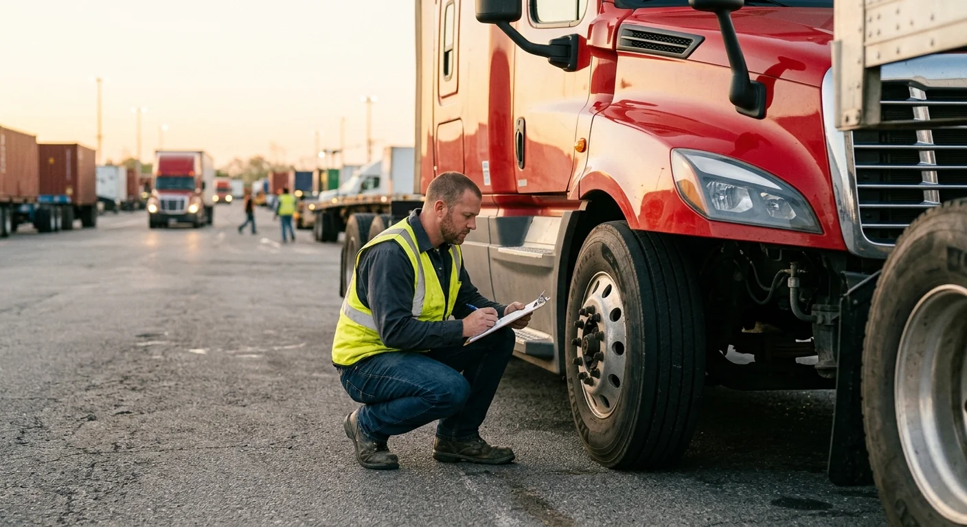 Class A CDL truck driver performing a pre-trip inspection on a tractor-trailer rig at a freight terminal
