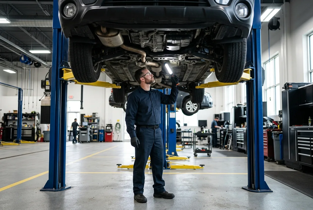 Automotive technician working under a car raised on a lift in a professional repair shop