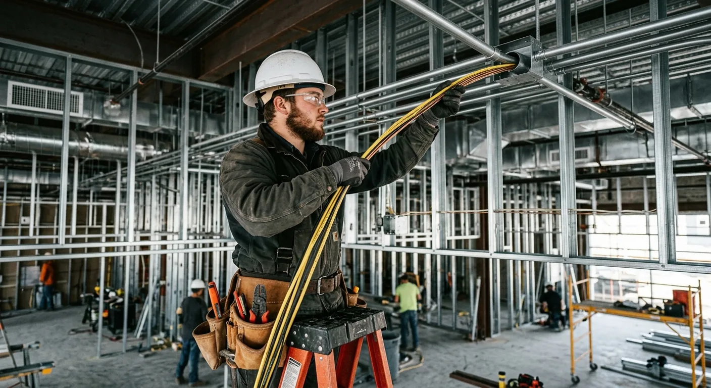 Electrician apprentice pulling wire through conduit on a commercial construction site wearing hard hat and tool belt