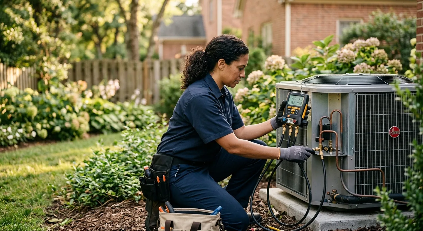 HVAC technician in work uniform servicing a residential outdoor air conditioning condenser unit with refrigerant gauges