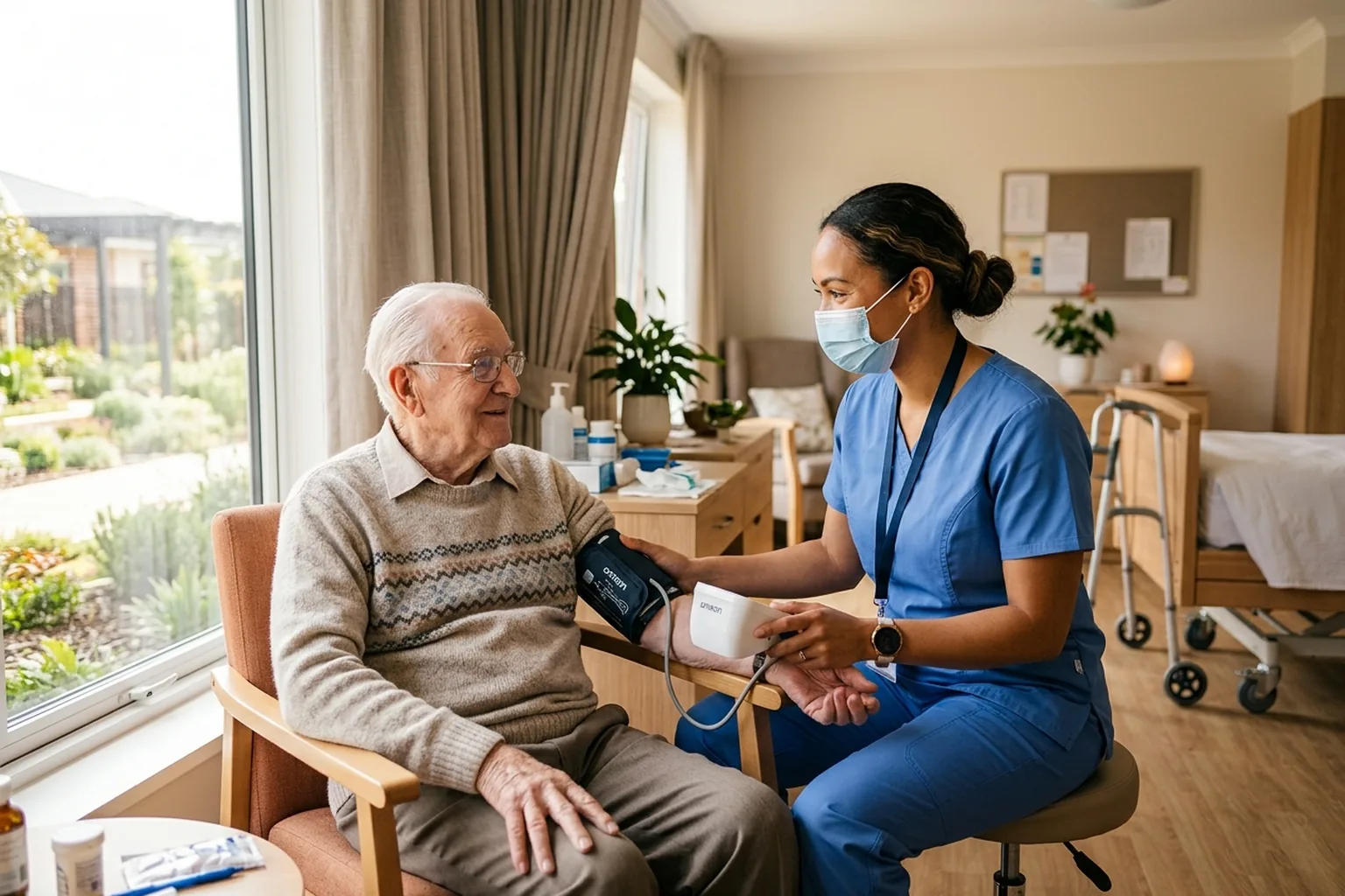 Licensed practical nurse checking a patient's blood pressure in a long-term care facility