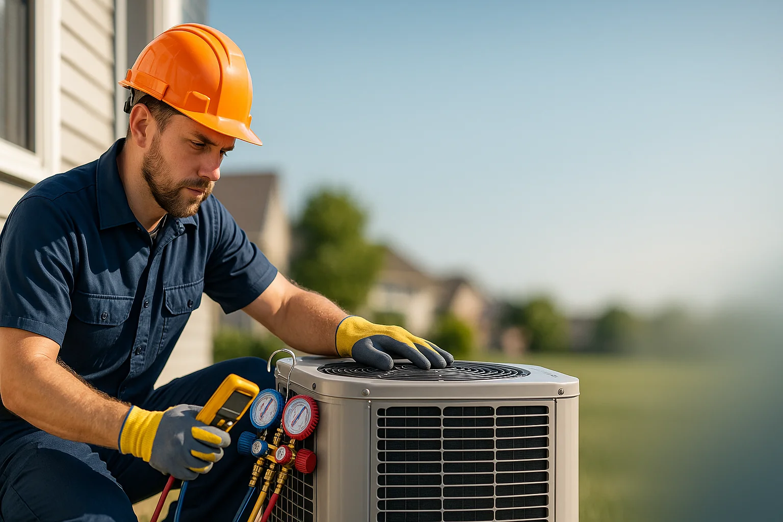 HVAC technician working on air conditioning unit