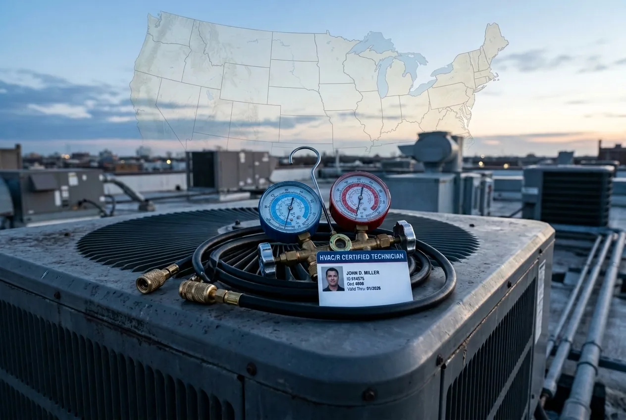 HVAC technician's gauges and an EPA Section 608 certification card over a United States map, illustrating state HVAC licensing rules