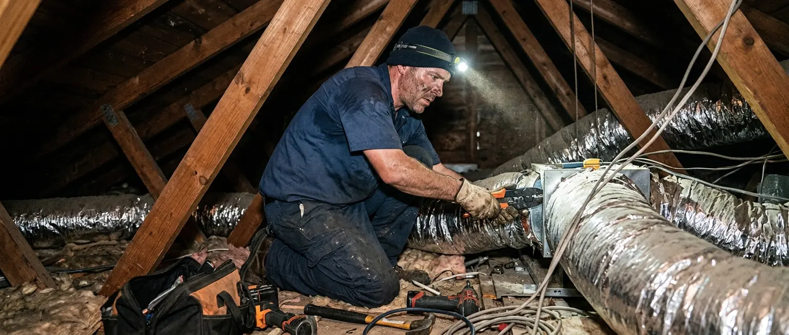 HVAC technician with a headlamp working between rafters and flex duct in a cramped attic