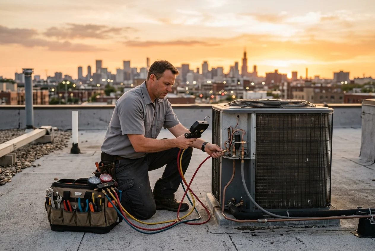 HVAC technician working on a rooftop condenser unit, tool bag open beside him