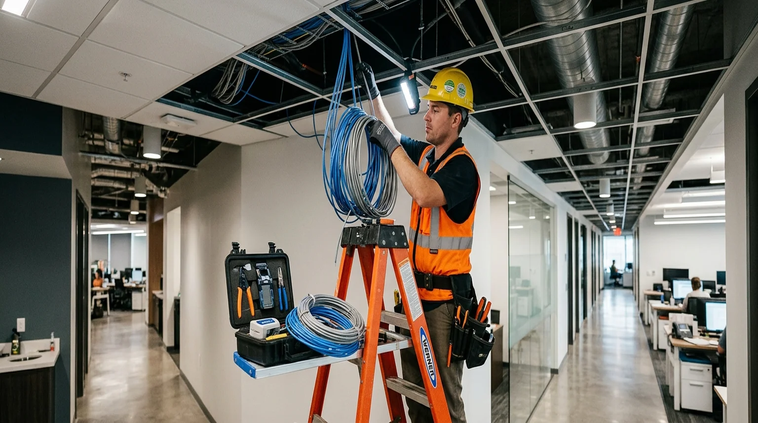 Low voltage technician running structured cabling through a commercial building ceiling, with tools and equipment on a ladder