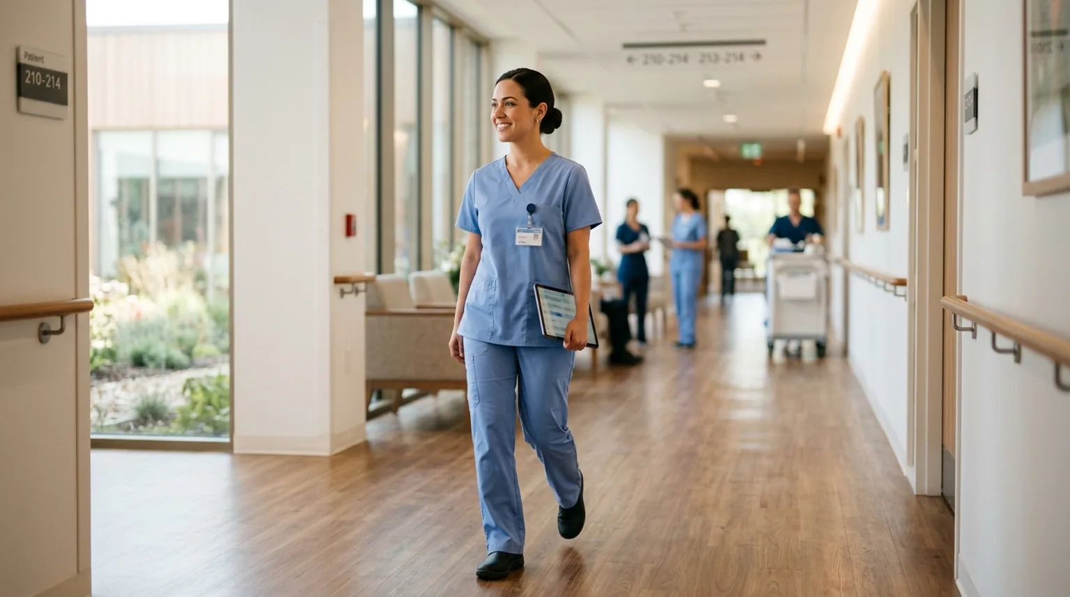 A licensed practical nurse reviewing a patient chart on a tablet in a nursing facility hallway