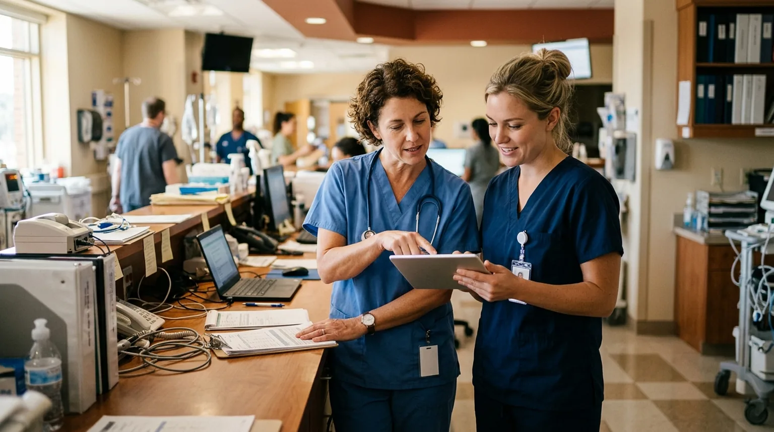 A licensed practical nurse and a registered nurse working together at a hospital nurses' station