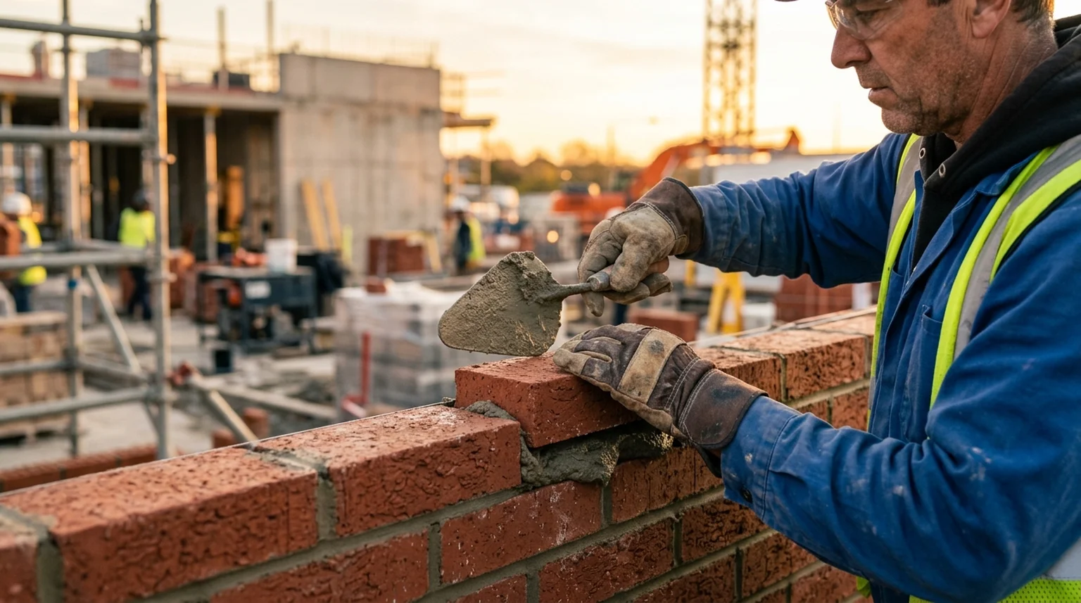 Mason laying bricks on a commercial construction project